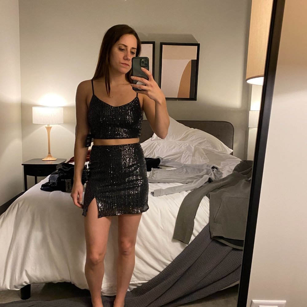 Lulus Black Sequin Two-Piece Bodycon Mini Dress Size XS